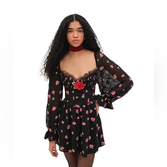 For Love and Lemons Wren Black Floral Mini Dress Size M - Picture 6 of 7